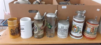 Lot 363 - Four boxes of assorted pewter lidded pottery and stoneware steins (4)