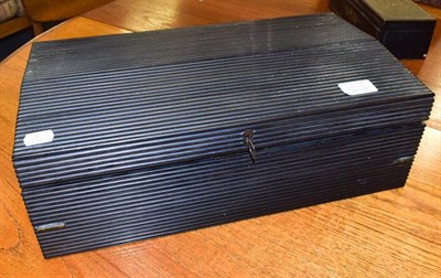 Lot 380 - An early 19th century reeded ebony writing slope (locked), a fitted work box of sarcophagus...