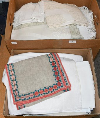 Lot 382 - Assorted white linen including table cloths, napkins, embroidered linen, some with crochet...