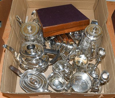 Lot 384 - A collection of assorted silver plate, including tea and coffee wares and flatware (one box)