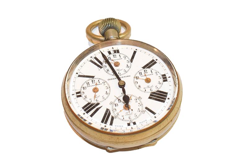 Lot 202 - A nickel plated World time zone Goliath watch, dial with four dials for New York/Melbourne/Calcutta