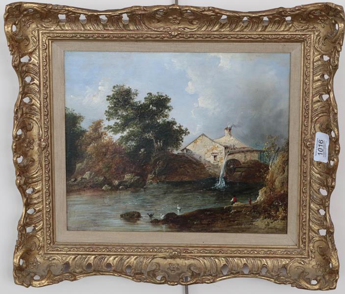 Lot 1016 - English school (19th century) Mill scene, indistinctly signed, oil on panel, 24cm by 29.5cm