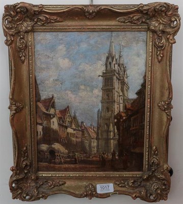 Lot 1017 - G J Keats (19th century) Continental town view, signed, oil on canvas laid to board, 31.5cm by 24cm
