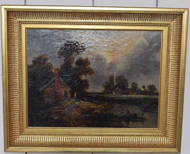 Lot 1018 - Norwich School (19th century) Country landscape with church and windmill, oil on canvas, 29cm...