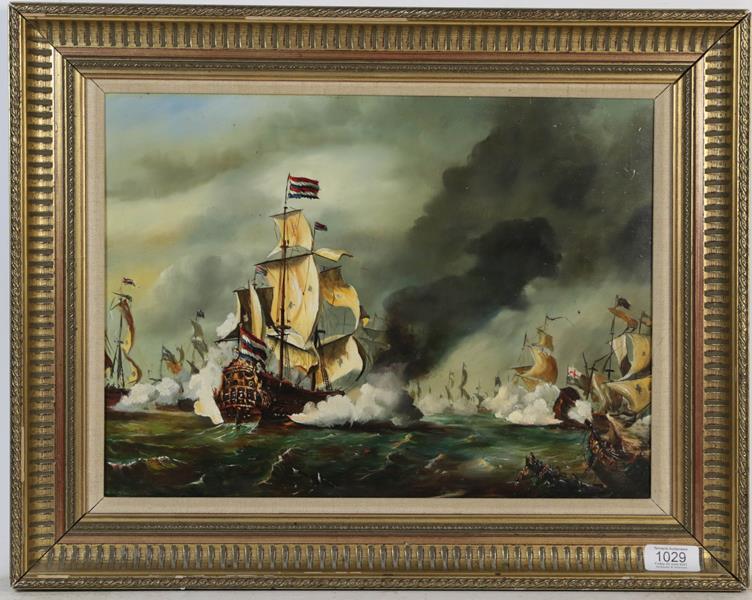 Lot 1029 - Sullivan (Contemporary) Marine battle scene, oil on board, signed, 28.5cm by 38.5cm
