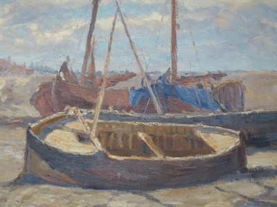 Lot 1031 - Dutch school (20th century) Boats on the shore, oil on canvas, indistinctly signed, 39cm by 59cm
