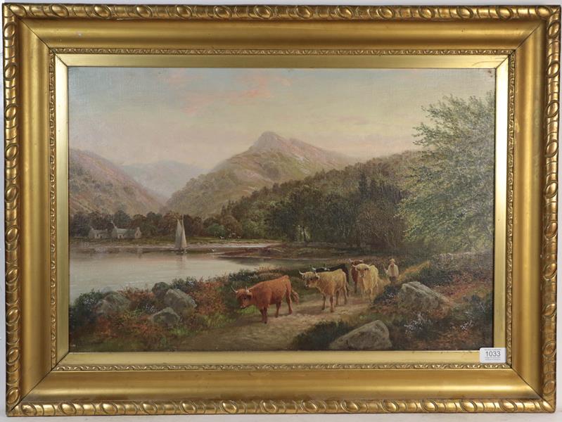 Lot 1033 - Dunnington, Highland cattle being driven by a river side, oil on canvas, 40cm by 60cm