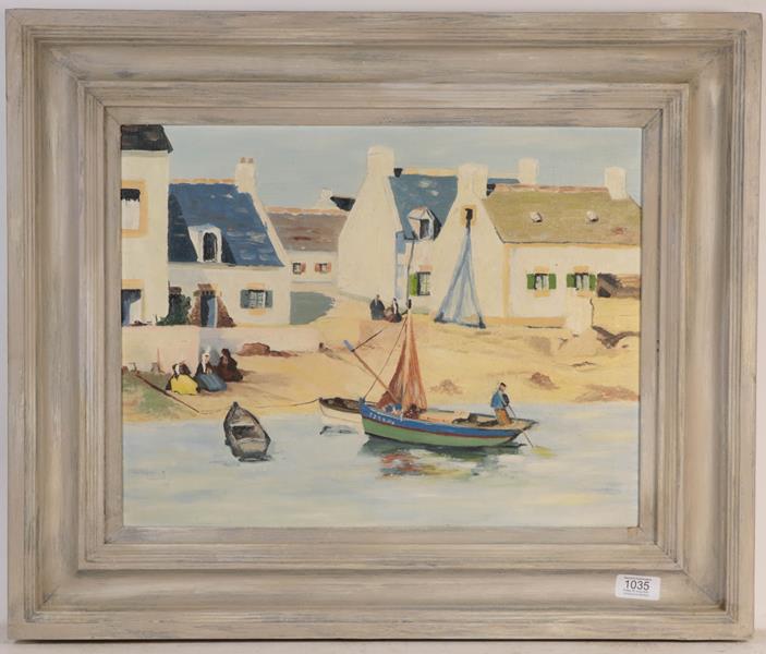 Lot 1035 - French school (20th century) Naive painting of boats, oil on board,  35cm by 44cm