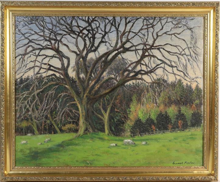 Lot 1042 - Ernest Forbes RBA (1879-1962) Landscape with sheep grazing beneath an oak tree, signed, oil on...