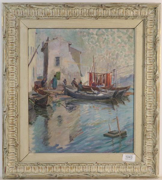 Lot 1043 - E Blanche (20th century French) Boats at a village dock, oil on canvas, 38cm by 32cm