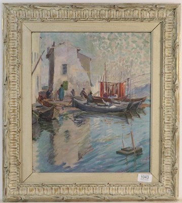 Lot 1043 - E Blanche (20th century French) Boats at a village dock, oil on canvas, 38cm by 32cm