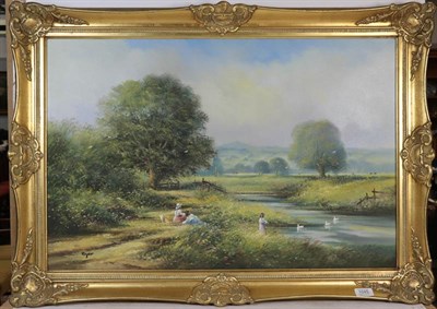Lot 1045 - Ted Dyer (b.1940) River landscape, signed, oil on canvas, 50cm by 75cm, together with Les...