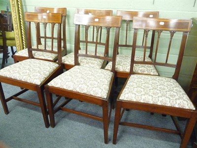 Lot 1658 - A Set of Six Mahogany and Satinwood Banded Sheraton Style Dining Chairs, the curved top rails above