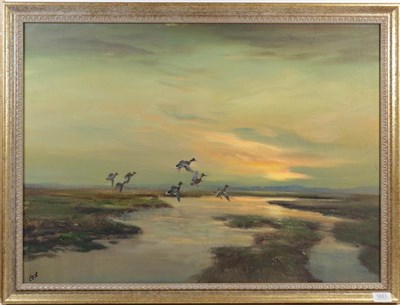 Lot 1051 - Jack Cox (Contemporary) Ducks flying across a landscape, signed oil on board, 54.5cm by 75cm,...