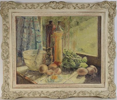 Lot 1055 - E Bromhall (Contemporary) Still life, signed oil on canvas, 59cm by 49cm, together with a...