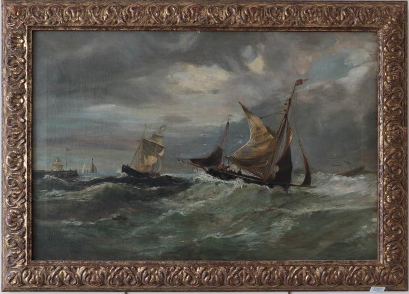 Lot 1057 - English school (late 19th/early 20th century) Ships in a storm off the coast, oil on canvas,...