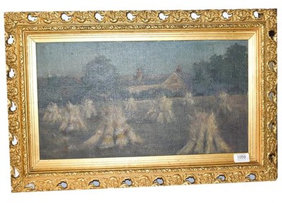 Lot 1059 - English School (late 19th/early 20th century) Corn field and farmhouse, oil on board, with two...