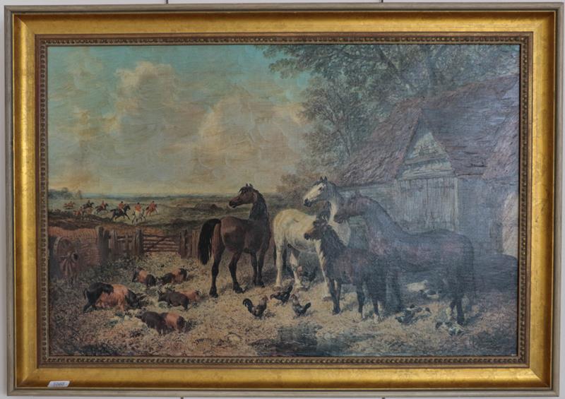 Lot 1060 - After J F Herring, Horses before a barn with the hunt in the distance, print on canvas, 59cm by...