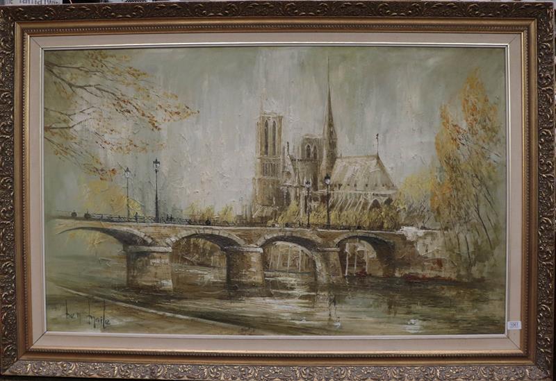 Lot 1061 - Ben Maile (b.1922) Notre Dame from the Seine, signed, oil on canvas, 75cm by 120cm  Artist's Resale