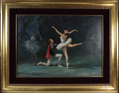 Lot 1064 - Four oils on canvas, comprising a ballet scene signed Vidal, a Parisian snow scene by Jesus...