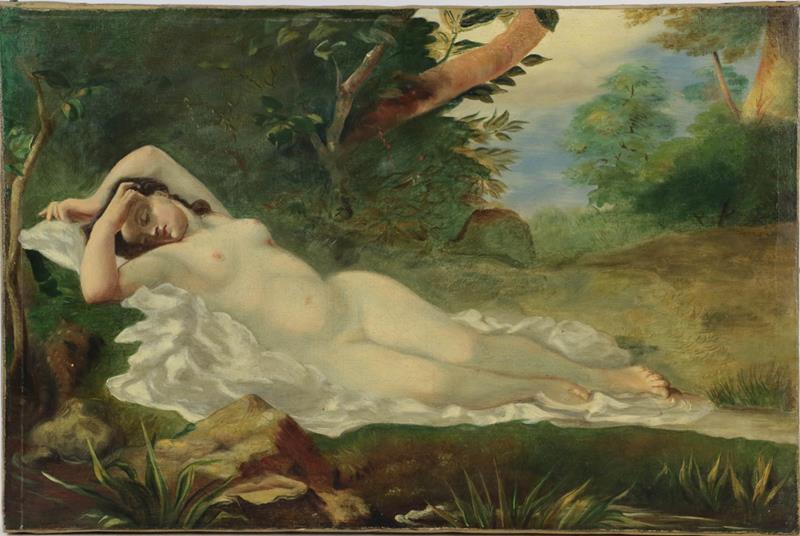 Lot 1065 - Style of William Etty (early 20th century English school) Reclining female in landscape, oil on...