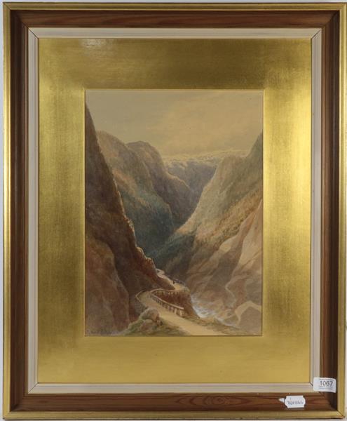 Lot 1067 - T Hart FSA (19th century) Alpine pass, signed watercolour on paper, heightened in white, 39cm...