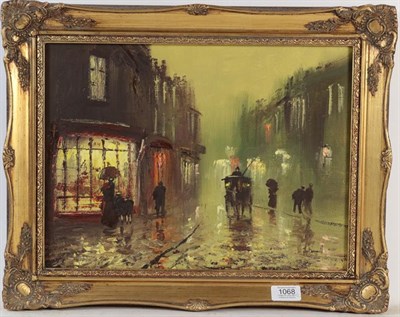 Lot 1068 - John Bampfield (b.1949) A pair of nocturne street scenes, signed, oil on canvas, 29cm by 39cm (2)