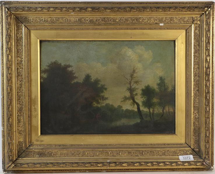 Lot 1072 - English school (19th century) River landscape with a fisherman, oil on board, label verso inscribed