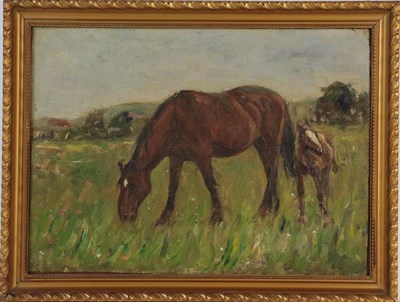 Lot 1074 - J W Booth (20th century) Horse and plough, signed oil on board, 25cm by 40.5cm, together with horse