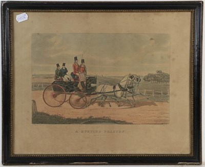 Lot 1076 - A set of four framed coaching prints after Alken, and five shooting prints after Alken in maple...