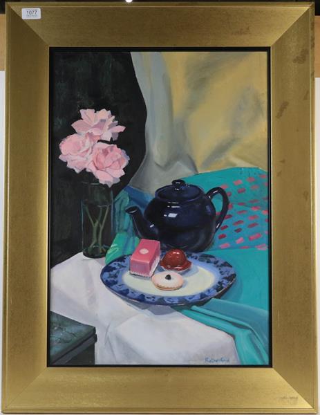 Lot 1077 - Rutherford, still life, acrylic on board, signed, 63cm by 44cm