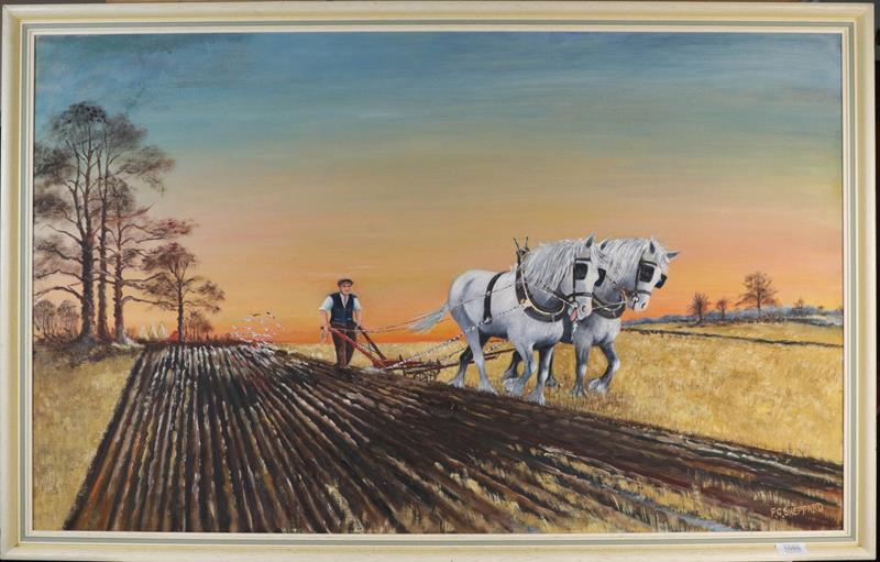 Lot 1086 - F G Sheppard, The Ploughman, signed oil on board, 64.5cm by 105cm