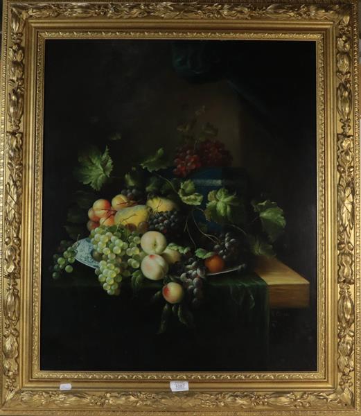 Lot 1087 - R Casper (Contemporary) Still life of fruit on a table, signed, oil on board, 75cm by 62cm