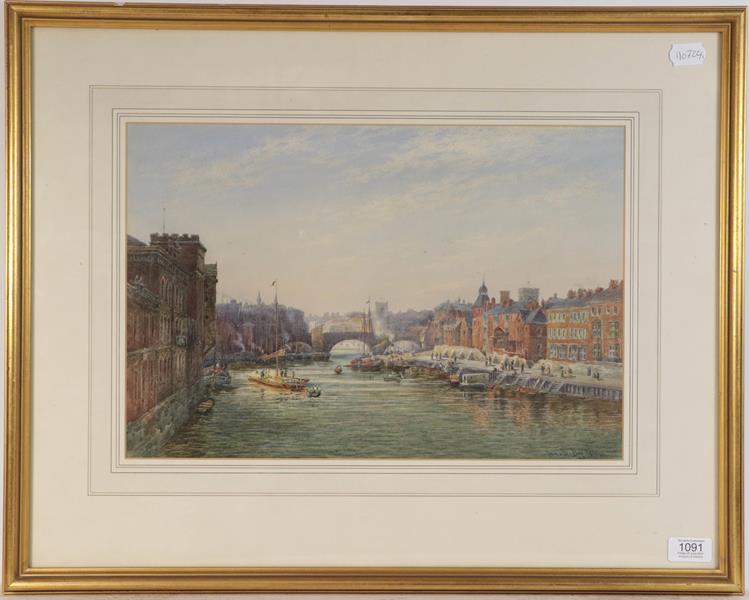 Lot 1091 - Thomas 'Tom' Dudley (British 1857-1935) View of York from the river, signed and dated 1891,...