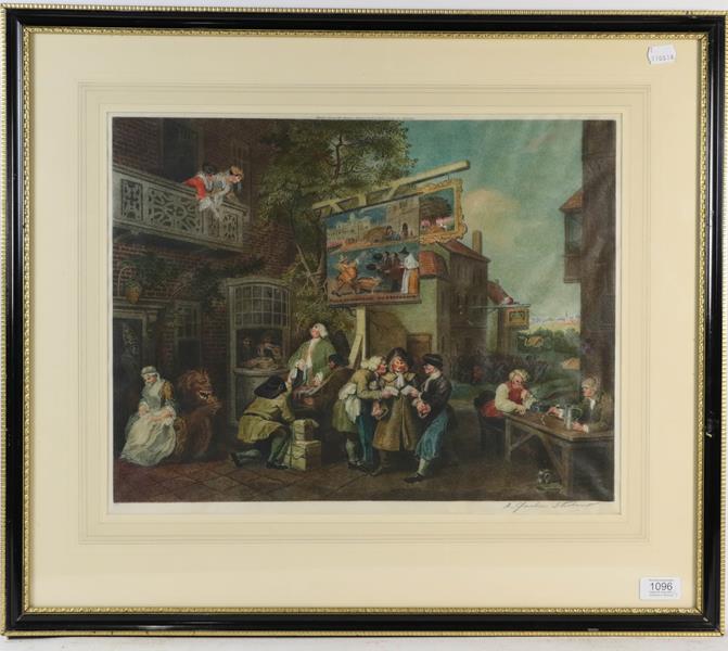 Lot 1096 - A pair of coloured stipple engravings after William Hogarth, and a pair of colour prints after...