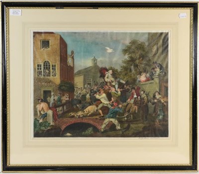 Lot 1096 - A pair of coloured stipple engravings after William Hogarth, and a pair of colour prints after...