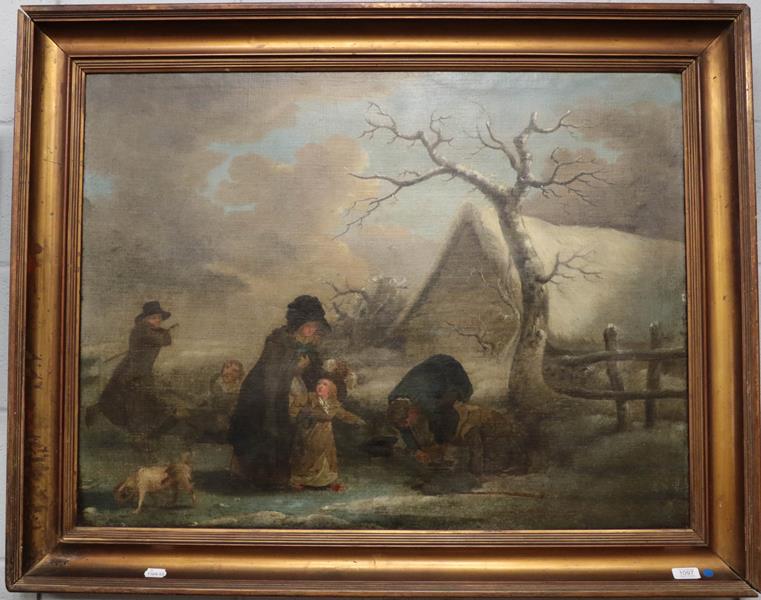 Lot 1097 - English school (19th century) Country landscape with figures learning to skate, oil on canvas