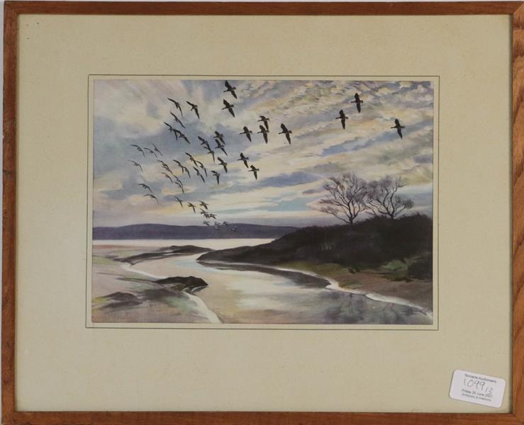 Lot 1099 - Peter Scott (1909-1989) Swans flying over a landscape, signed print, 38.5cm by 55.5cm, together...