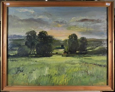 Lot 1109 - John Brown (Contemporary) ''Wold Scape'', signed, oil on board, 74cm by 98cm; together with an...