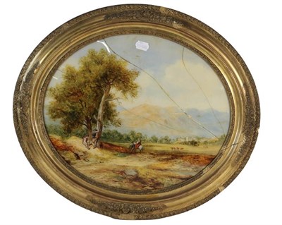 Lot 1116 - A pair of 19th century gilt oval framed paintings of a field in a landscape and a lake scene...