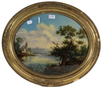 Lot 1116 - A pair of 19th century gilt oval framed paintings of a field in a landscape and a lake scene...