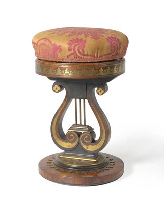 Lot 1667 - A Regency Rosewood and Brass Inlaid Revolving Piano Stool, early 19th century, the pink floral...