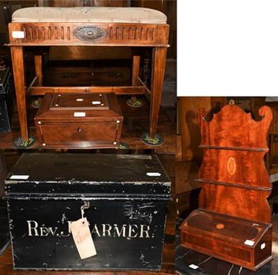 Lot 1143 - A 19th century mahogany inlaid spoon rack, a stool, an early 19th sewing box, a 19th century...