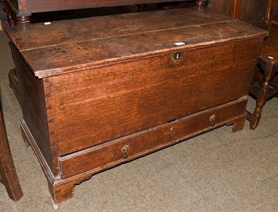 Lot 1168 - A 17th century oak mule chest with single drawer, raised on bracket supports, 108cm by 46cm by 58cm