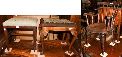 Lot 1236 - A mahogany framed stool with needlepoint seat, together with a walnut stool raised on carved...