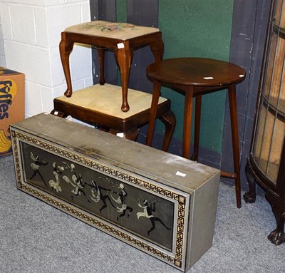 Lot 1263 - A quantity of furniture comprising: an Art Deco hanging cabinet with a glass panel decorated...