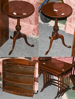 Lot 1270 - A mahogany nest of three occasional tables, a pair of mahogany tripod wine tables, and an oak...