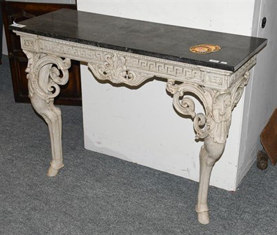 Lot 1276 - A 19th century grey painted console table with marble top, the frieze with key fret border,...