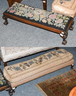 Lot 1281 - A long footstool with embroidered cushion top, raised on carved walnut cabriole feet, 125cm...