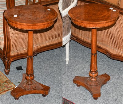 Lot 1289 - A pair of reproduction burr walnut pedestal tables on triform bases, 40cm diameter by 75.5cm high